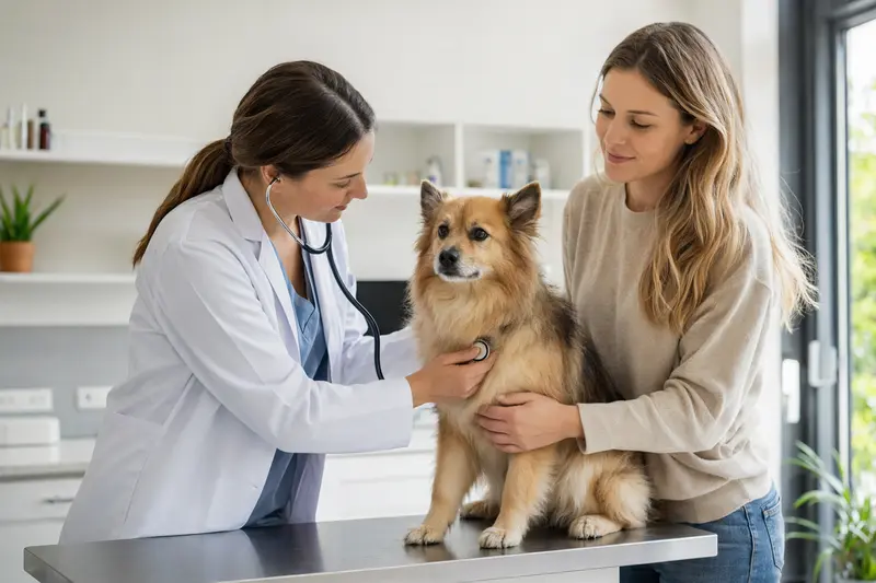 Ein ruhiger Holländischer Spitz Hund wird von einer freundlichen Tierärztin in einer modernen Praxis mit einem Stethoskop untersucht.