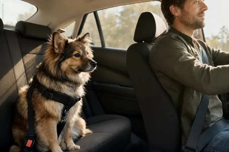 Ein Holländischer Spitz Hund sitzt sicher angeschnallt auf der Rückbank eines Autos und genießt die Fahrt.