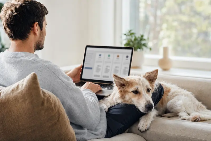 Ein Hundebesitzer sitzt mit einem Laptop auf dem Sofa und vergleicht Tierkrankenversicherungen für seinen Holländischen Spitz.