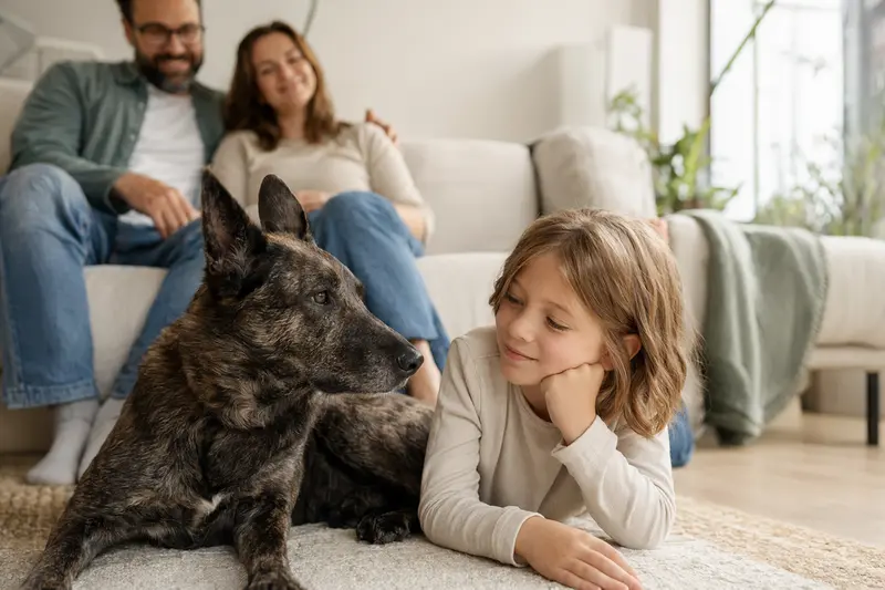 Ein Hollandse Herdershond liegt entspannt neben einem Kind im hellen Wohnzimmer und vermittelt eine vertrauensvolle Familiensituation.