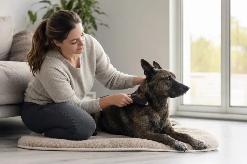 Ein Hollandse Herdershond wird in einer hellen Wohnung sanft gebürstet, während sich der Besitzer liebevoll um die Fellpflege kümmert.
