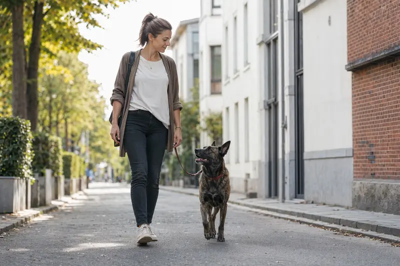 Ein Hollandse Herdershond läuft entspannt an der Leine mit seinem Besitzer durch eine freundliche moderne Stadtstraße.