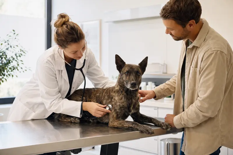Ein Hollandse Herdershond wird von einer freundlichen Tierärztin in einer modernen Praxis mit einem Stethoskop untersucht.