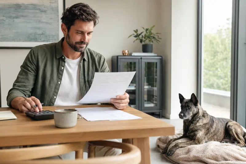 Ein Hundebesitzer sitzt mit einer Tierarztrechnung am Tisch, während sein entspannter Hollandse Herdershond auf einer Decke liegt.