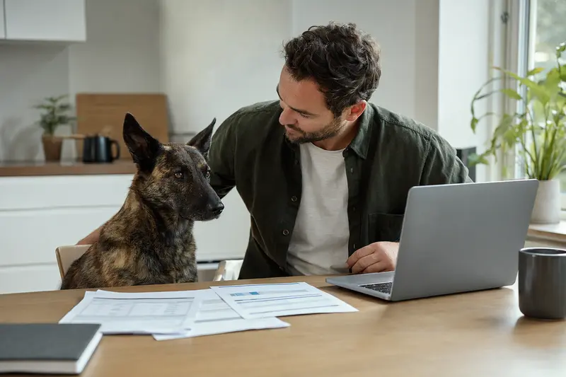 Ein Hollandse Herdershond Hund sitzt entspannt neben seinem Besitzer am Küchentisch mit Versicherungsunterlagen und einem Laptop.