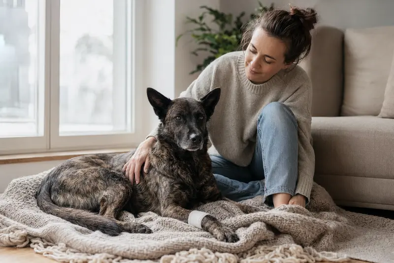 Ein Hollandse Herdershond mit Verband an der Pfote liegt entspannt auf einer Decke neben seinem Besitzer in einer hellen Wohnung.
