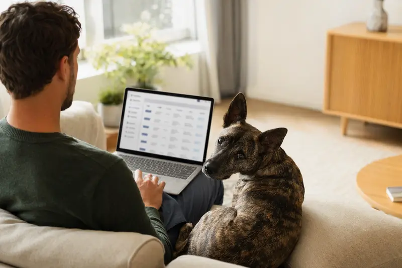Ein Hund sitzt neben seinem Besitzer auf dem Sofa, während dieser auf einem Laptop nach Informationen zu Tierkrankenversicherungen sucht.