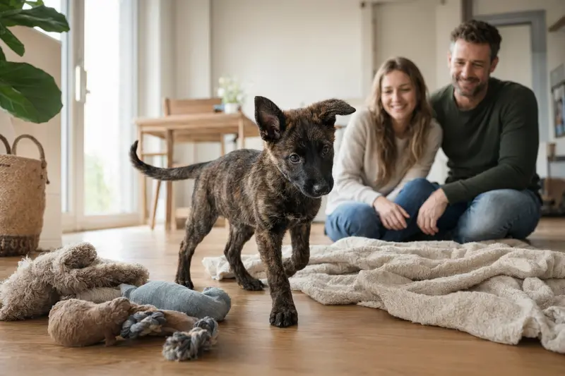 Ein junger Hollandse Herdershond Welpe erkundet neugierig sein neues Zuhause mit weicher Decke und Spielzeug.