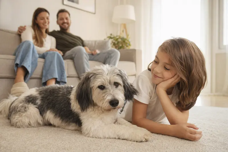 Ein Hollandse Smoushond liegt entspannt neben einem Kind im Wohnzimmer, während die Eltern im Hintergrund eine sichere und warme Familienatmosphäre schaffen.