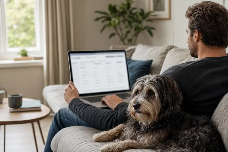 Ein Hundebesitzer arbeitet am Laptop auf dem Sofa mit einem Hollandse Smoushond an seiner Seite.