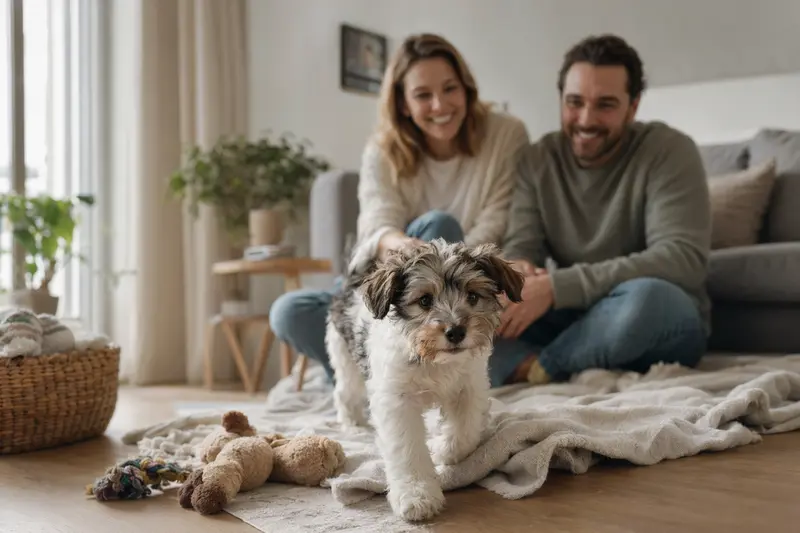 Ein neugieriger Hollandse Smoushond Welpe erkundet sein neues Zuhause mit Spielzeug und weicher Decke.