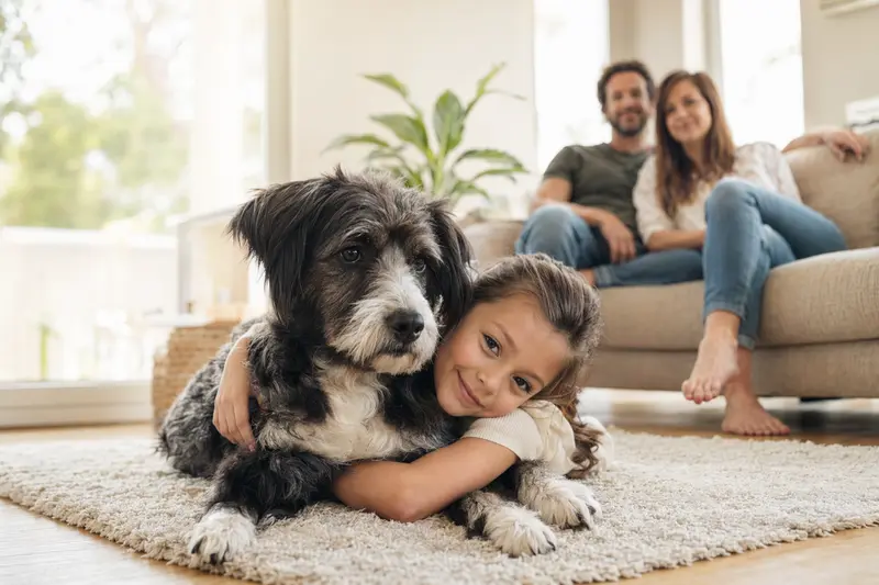 Ein freundlicher Hollandse Tulphond liegt entspannt neben einem Kind im hellen Wohnzimmer, während die Eltern im Hintergrund eine sichere Familienatmosphäre schaffen.