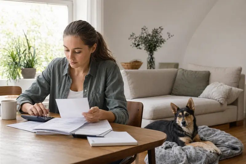 Ein Hund der Rasse Hollandse Tulphond liegt ruhig auf einer Decke, während sein Besitzer am Tisch eine Tierarztrechnung prüft.