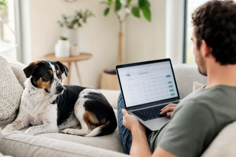 Besitzer sitzt mit Laptop auf dem Sofa neben einem Hollandse Tulphond Hund und vergleicht Versicherungen.