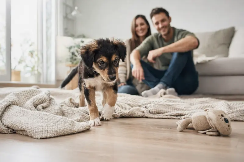 Ein junger Hollandse Tulphond Welpe erkundet neugierig seine neue Umgebung mit einer Familie im Hintergrund.