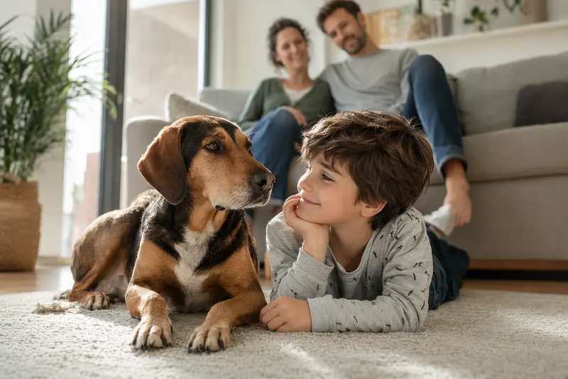 Ein freundlicher Holzbracke Hund liegt entspannt neben einem Kind im hellen Wohnzimmer, während die Eltern im Hintergrund stehen.