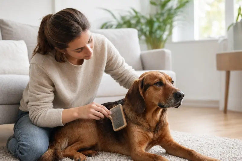 Ein Holzbracke Hund wird in einer hellen Wohnung sanft gebürstet, während sein Besitzer liebevoll die Fellpflege übernimmt.