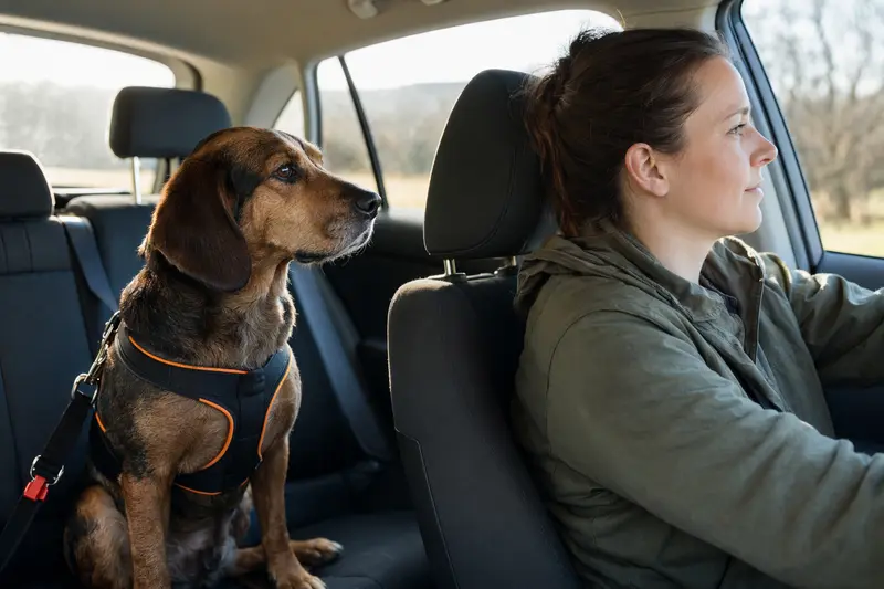 Ein sicher angeschnallter Holzbracke Hund auf der Rückbank eines Autos, während sein Besitzer ruhig fährt.