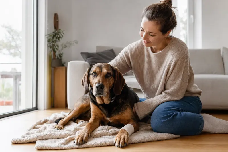 Ein entspannter Holzbracke Hund mit Verband an der Pfote liegt auf einer Decke, während sein Besitzer in einer hellen Wohnung neben ihm sitzt.
