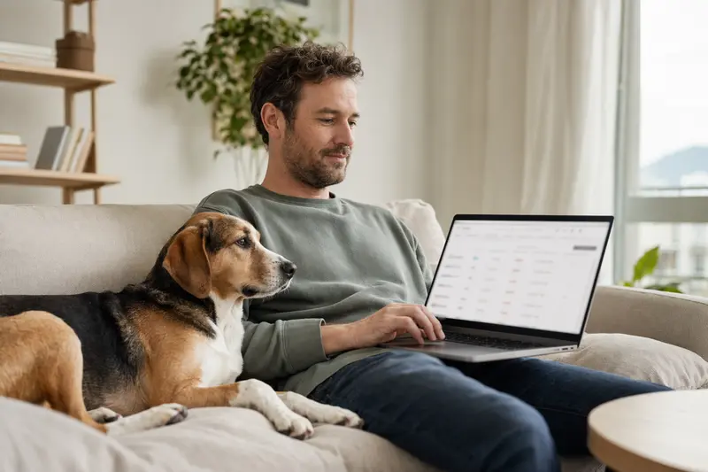 Ein Hundehalter arbeitet am Laptop auf dem Sofa, während sein Holzbracke Hund neben ihm sitzt, was die Entscheidungsfindung zur Tierkrankenversicherung verdeutlicht.