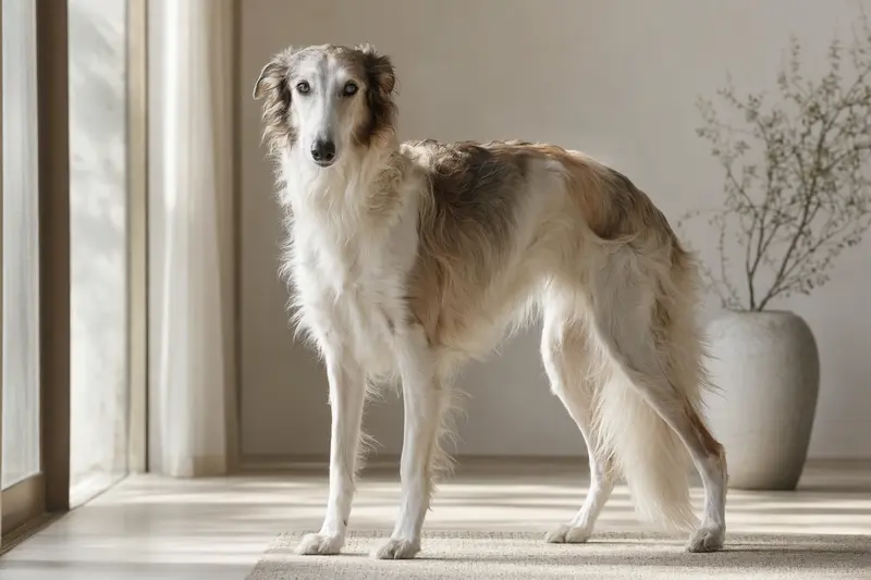 Ein Hortaya Borzaya Hund steht aufmerksam in natürlicher Haltung vor hellem, neutralem Hintergrund.