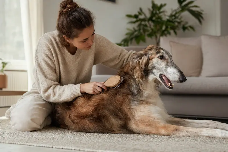 Ein Hortaya Borzaya Hund wird in einer hellen Wohnung sanft gebürstet, während sein Besitzer die Fellpflege aufmerksam und liebevoll übernimmt.