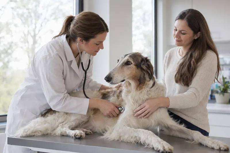 Ein ruhiger Hortaya Borzaya Hund wird von einer freundlichen Tierärztin auf einem Untersuchungstisch in einer modernen Tierarztpraxis behutsam mit einem Stethoskop untersucht.