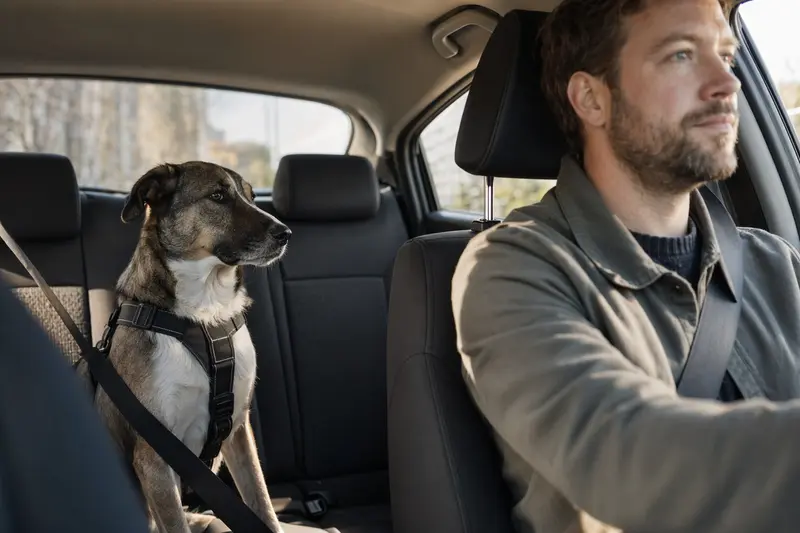 Ein Hortaya Borzaya Hund sitzt sicher angeschnallt auf der Rückbank eines Autos und zeigt Verantwortung des Besitzers.