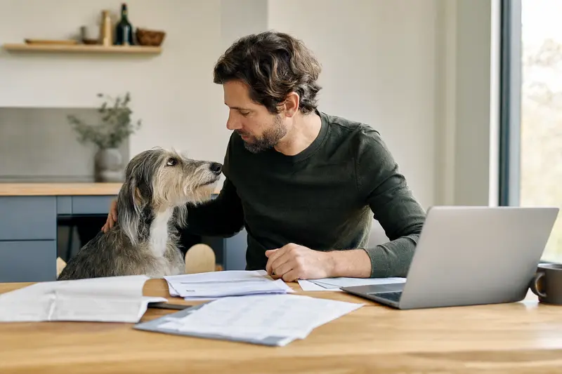 Ein ruhiger Hortaya Borzaya Hund sitzt neben seinem Besitzer am Küchentisch, auf dem Versicherungsunterlagen und ein Laptop liegen.