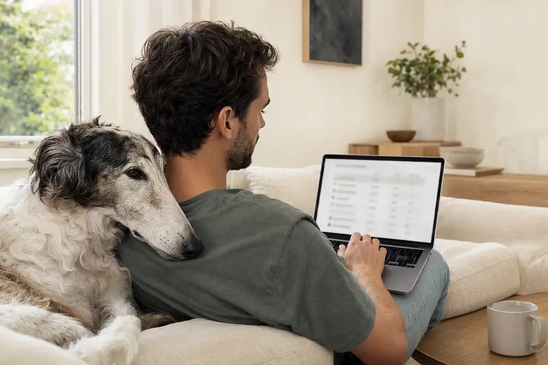 Ein Hundebesitzer arbeitet auf seinem Laptop im Wohnzimmer, während sein Hortaya Borzaya neben ihm sitzt und eine neutrale Versicherungsvergleichsseite angezeigt wird.