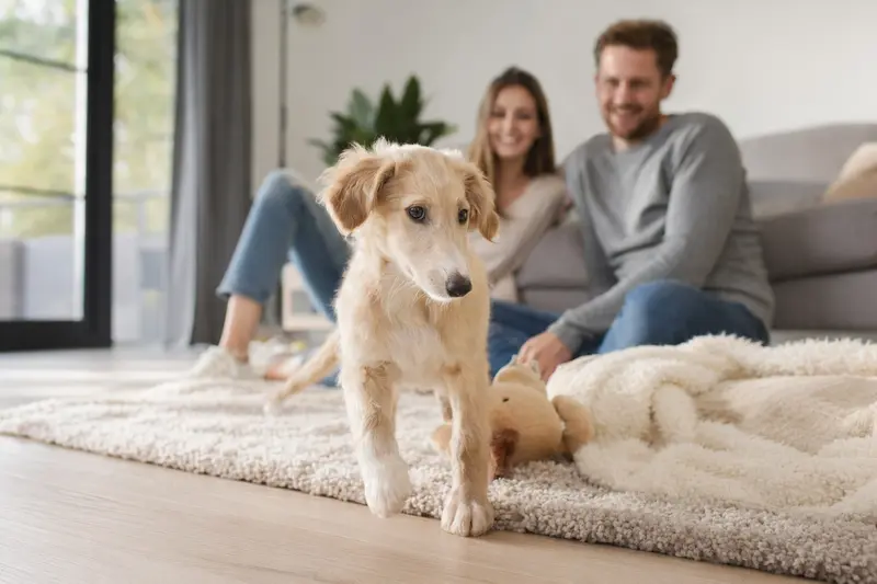 Ein junger Hortaya Borzaya Welpe erkundet neugierig sein neues Zuhause mit Spielzeug und einer liebevollen Familie im Hintergrund.