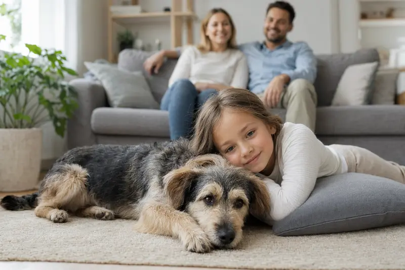 Ein freundlicher Horty Hund liegt entspannt neben einem Kind im Wohnzimmer, während die Eltern im Hintergrund eine sichere Familienatmosphäre schaffen.