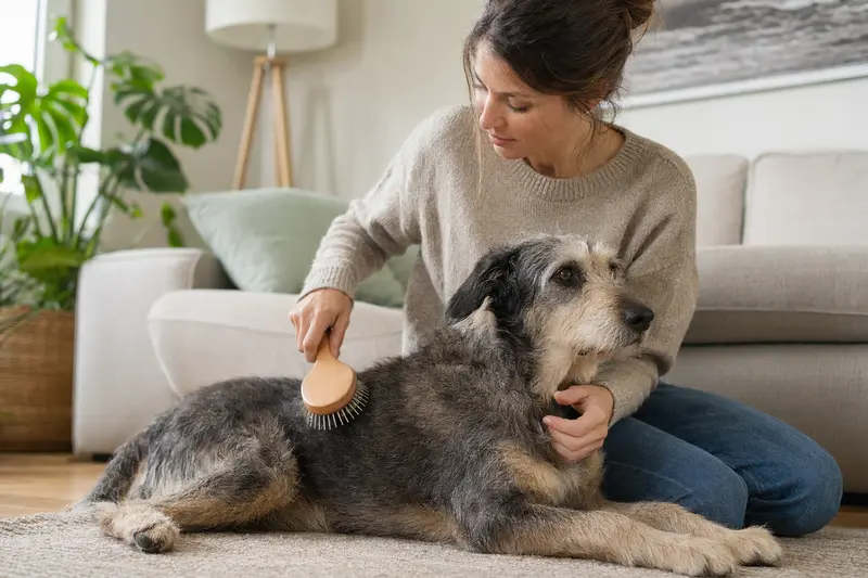 Ein Horty Hund wird in einer hellen Wohnung liebevoll gebürstet, während sein Besitzer die Fellpflege ruhig und fürsorglich übernimmt.