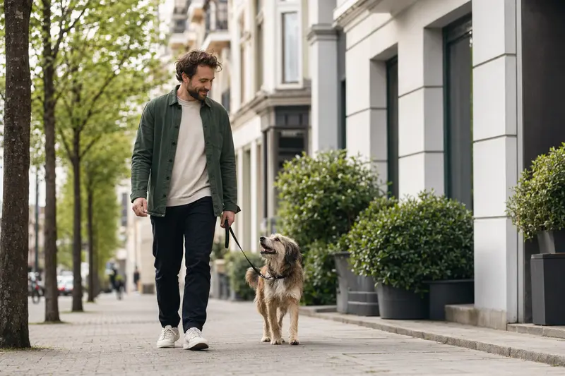 Ein Horty Hund läuft an der Leine mit seinem Besitzer entspannt durch eine moderne Stadtstraße.