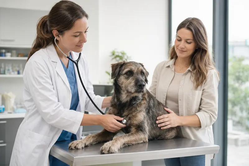 Ein ruhiger Hund wird in einer modernen Tierarztpraxis behutsam mit dem Stethoskop untersucht, während seine Besitzerin beruhigend danebensteht.