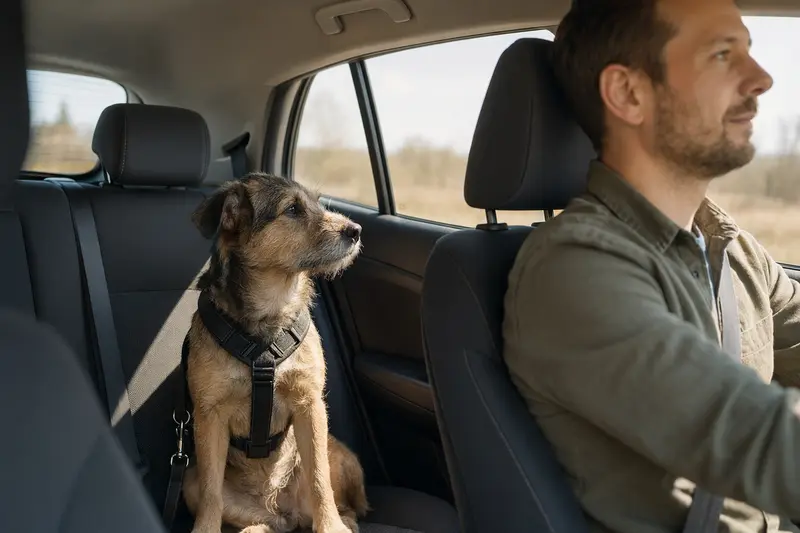 Ein Hund sitzt sicher angeschnallt auf der Rückbank eines Autos, während der Besitzer ruhig fährt und Sonnenlicht durch das Fenster fällt.