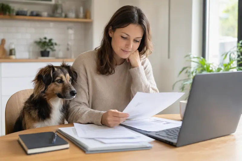 Ein ruhiger Horte-Hund sitzt neben seinem Besitzer am Küchentisch mit Versicherungsunterlagen und Laptop zur Hundeversicherung.