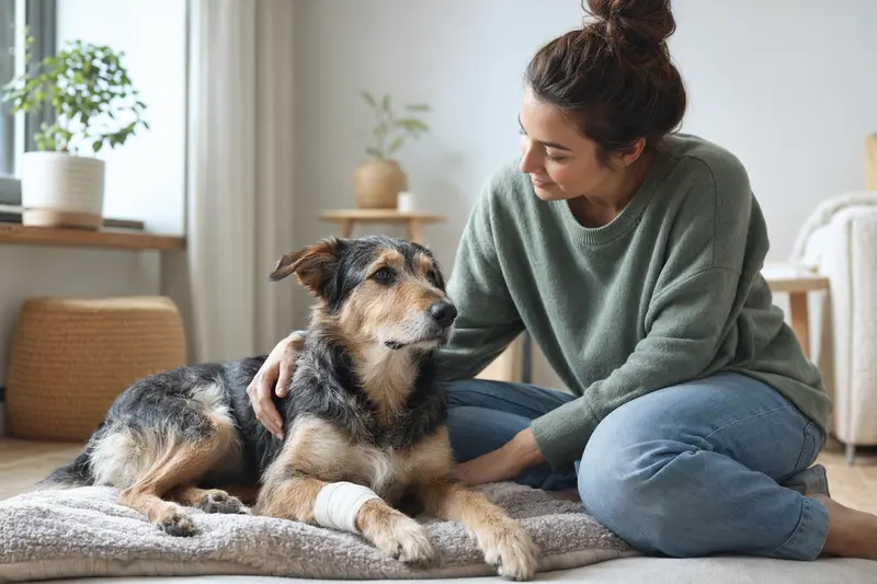 Ein Hund mit leicht verbundenem Pfotenverband liegt ruhig auf einer Decke, während sein Besitzer erleichtert neben ihm sitzt – ein realistisches Bild zur Hundegesundheit und Versorgung nach dem Tierarztbesuch.