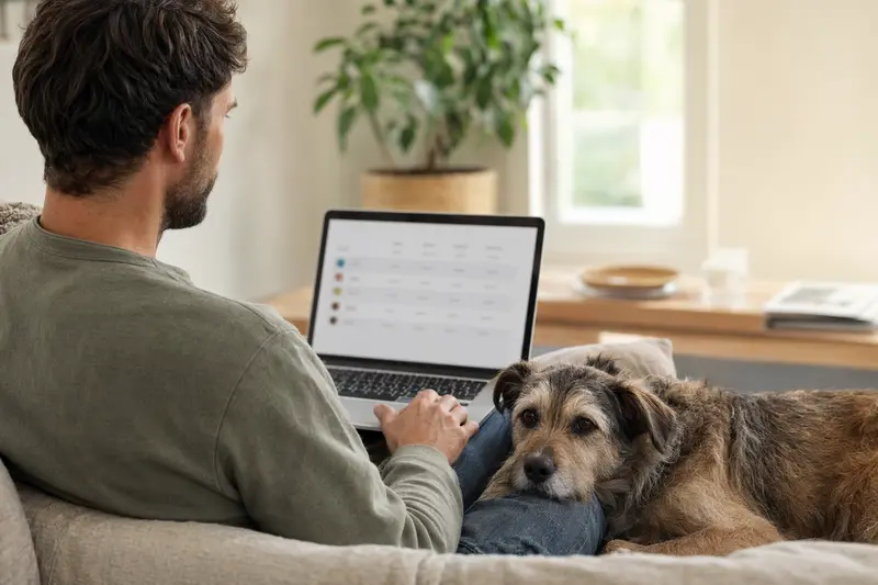 Ein Hund sitzt neben seinem Besitzer auf dem Sofa, während dieser am Laptop einen Versicherungsvergleich durchführt.