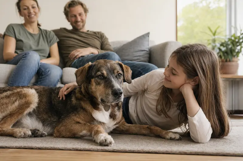Ein entspannter Hound Hund liegt neben einem Kind im Wohnzimmer und vermittelt ein Gefühl von Sicherheit und Familientreue.