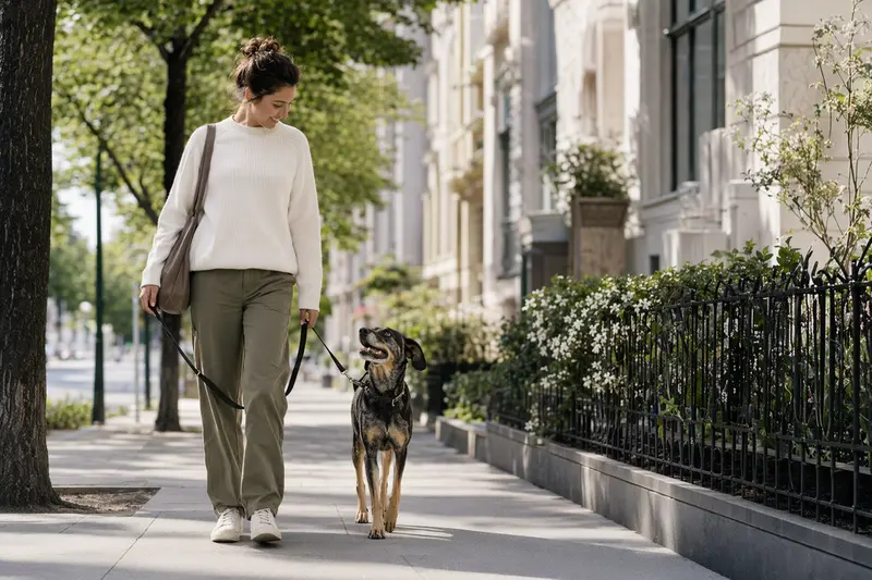 Ein Hound-Hund läuft angeleint mit seinem Besitzer entspannt durch eine moderne Stadtstraße.