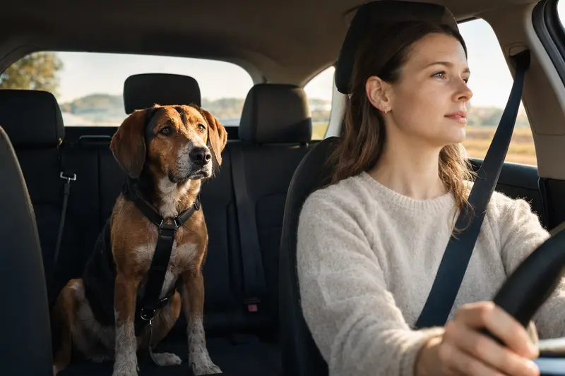 Ein Hound Hund sitzt sicher angeschnallt auf der Rückbank eines Autos, während der Besitzer fährt.