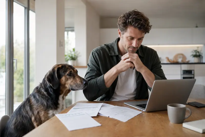 Ein ruhiger Hound Hund sitzt neben seinem Besitzer am Küchentisch, auf dem Versicherungsunterlagen und ein Laptop mit Vergleichsseite liegen.