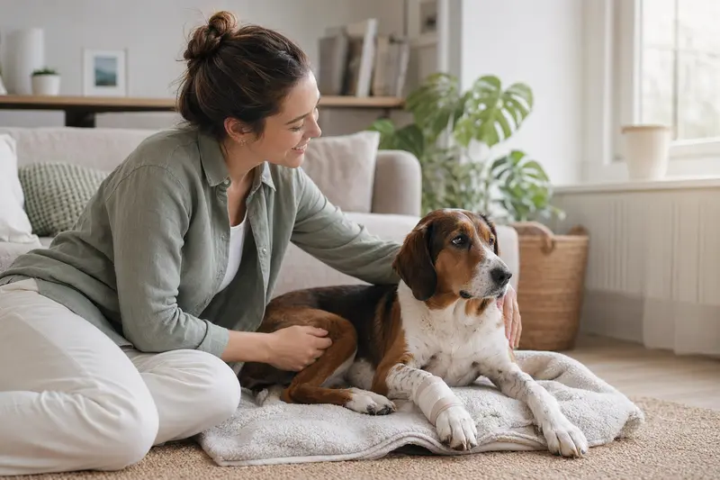 Ein Hound Hund mit leichtem Verband an der Pfote liegt ruhig auf einer Decke, während sein Besitzer erleichtert neben ihm sitzt.