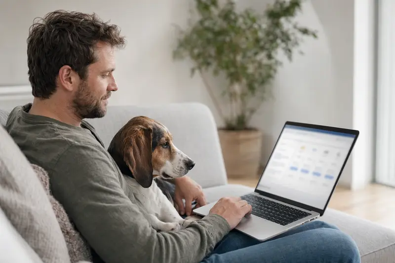 Ein Hundebesitzer arbeitet entspannt am Laptop auf der Couch, während sein Hound Hund neben ihm liegt.