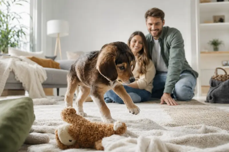 Ein neugieriger Hound Welpe erkundet sein neues Zuhause mit einer weichen Decke und Spielzeug.