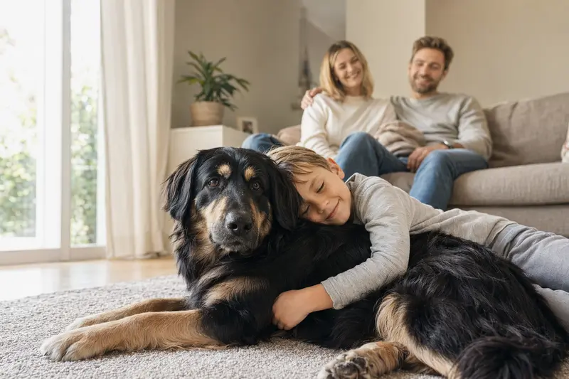 Ein entspannter Hovawart Hund liegt neben einem Kind in einem hellen Wohnzimmer.