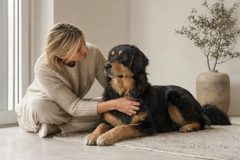 Ein aufmerksamer Hovawart Hund steht in natürlicher Haltung vor einem hellen Hintergrund.