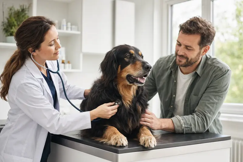 Ein ruhiger Hovawart Hund wird von einer freundlichen Tierärztin in einer modernen Praxis mit einem Stethoskop untersucht.