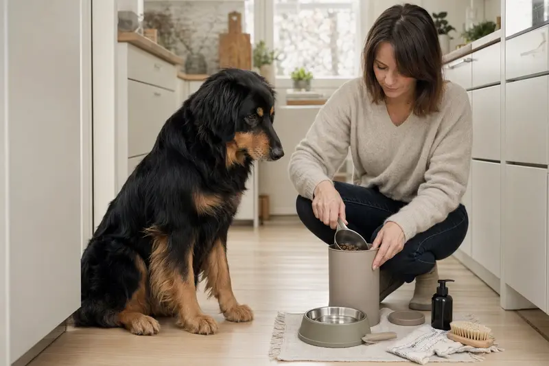 Ein Hovawart Hund sitzt neben einem hochwertigen Futternapf und Pflegezubehör in einer hellen Küche, während der Besitzer Futter vorbereitet.